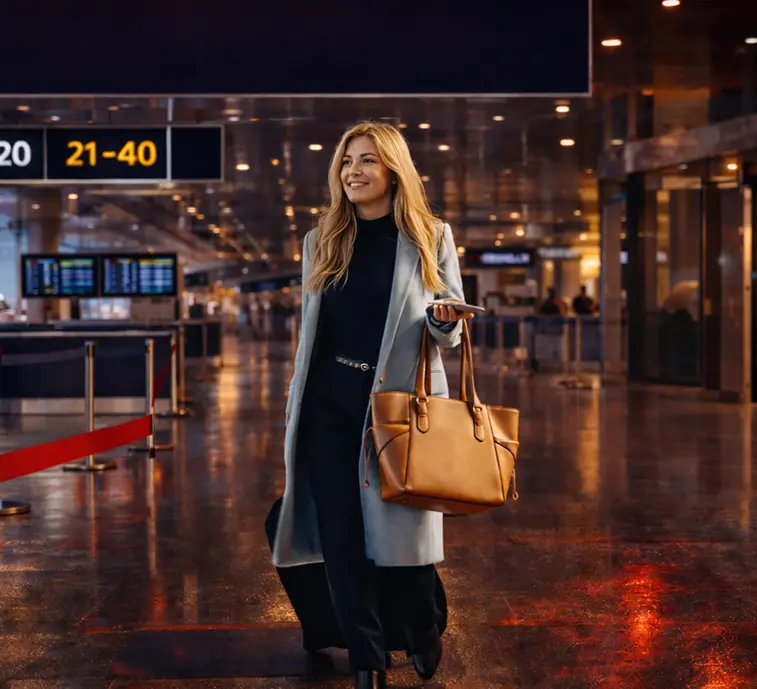 Airport dropoff passenger arriving at terminal with luggage for chauffeur transfer.