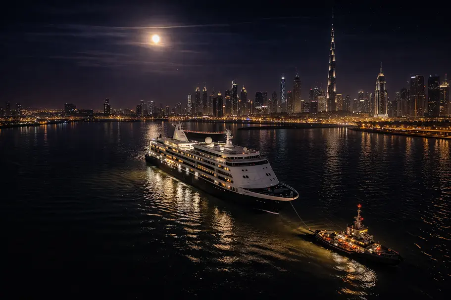 A luxury cruise ship at night in Dubai harbor, providing seamless ground transportation for passengers.
