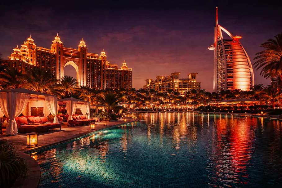 Luxury hotel ground transport services in Dubai featuring a night view of Atlantis The Palm.