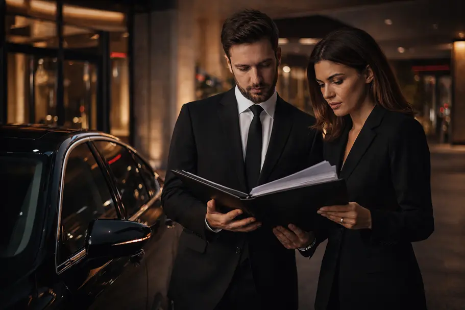Professional business partners discussing travel management plans next to a premium black car.