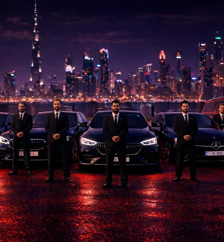 A line of professional chauffeurs standing in front of luxury black cars with Dubai skyline background