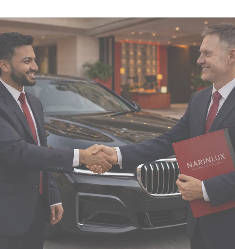 A line of professional chauffeurs standing in front of luxury black cars with Dubai skyline background